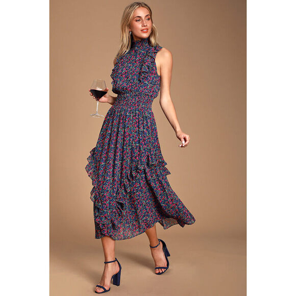 Lulus Dresses & Skirts - Lulus Evalina Navy Blue Floral Print Mock Neck Midi Dress - Size L